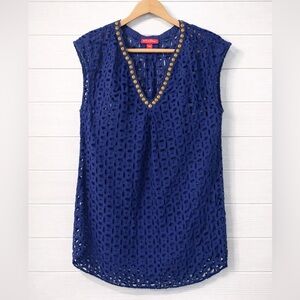 💜🩵👉Lilly Pulitzer Blue Eyelet Dress/Coverup w/Gold Beaded Neckline– Size Medium